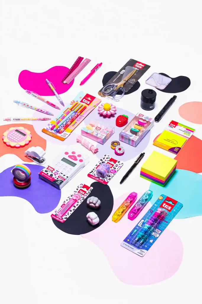 Imagem de uma variedade de materiais escolares e itens de papelaria criativa de cores vibrantes, incluindo canetas, lápis, cadernos, blocos de notas e acessórios decorativos, dispostos sobre uma superfície colorida.