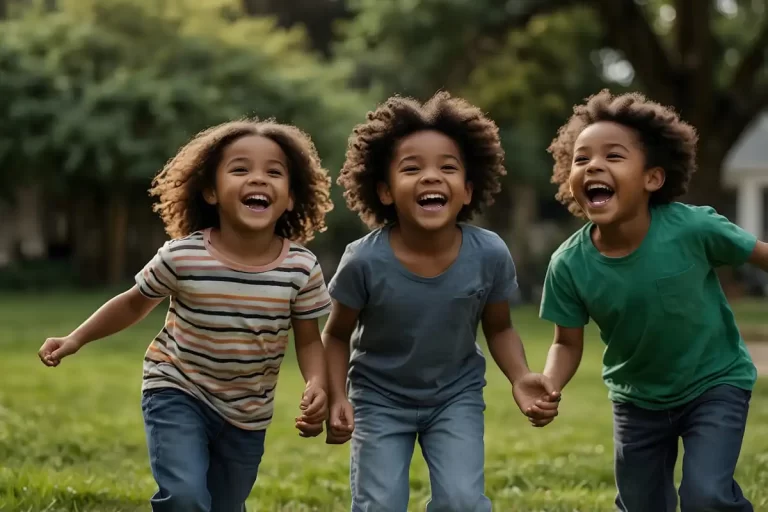 Três crianças sorridentes em campo aberto